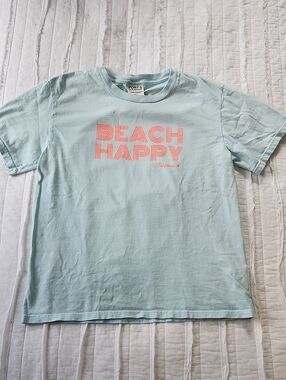 Port & Company Youth L Beach Happy Graphic Tee Aqua Blue Coral Print 100% Cotton
